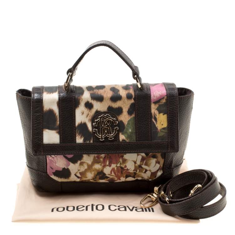 Pre Owned Roberto Cavalli Brown/Multicolor Leather and Printed Fabric Top Handle Bag