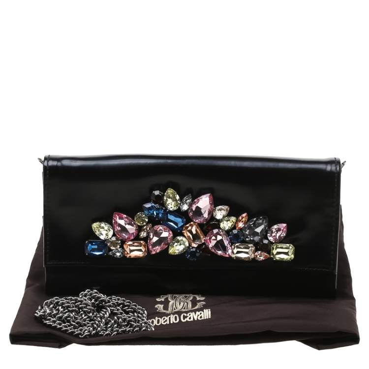 Pre Owned Roberto Cavalli Black Crystal Embellished Leather Chain Clutch 