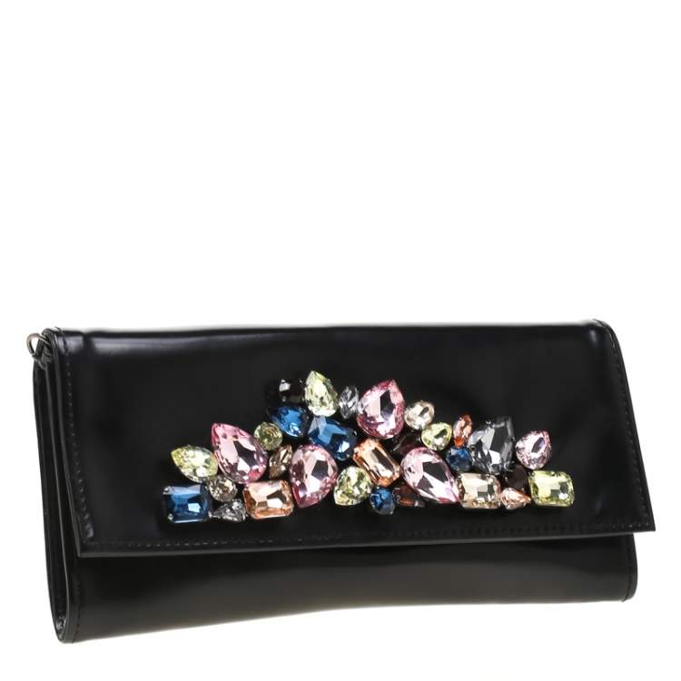Pre Owned Roberto Cavalli Black Crystal Embellished Leather Chain Clutch 