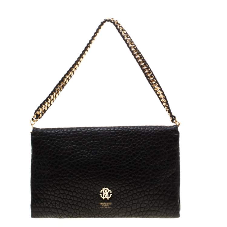 Pre Owned Roberto Cavalli Black Leather Studded Regina Chain Clutch Bag