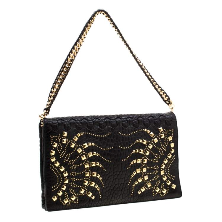 Pre Owned Roberto Cavalli Black Leather Studded Regina Chain Clutch Bag