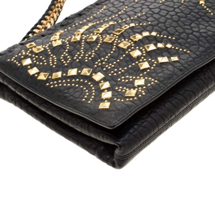 Pre Owned Roberto Cavalli Black Leather Studded Regina Chain Clutch Bag