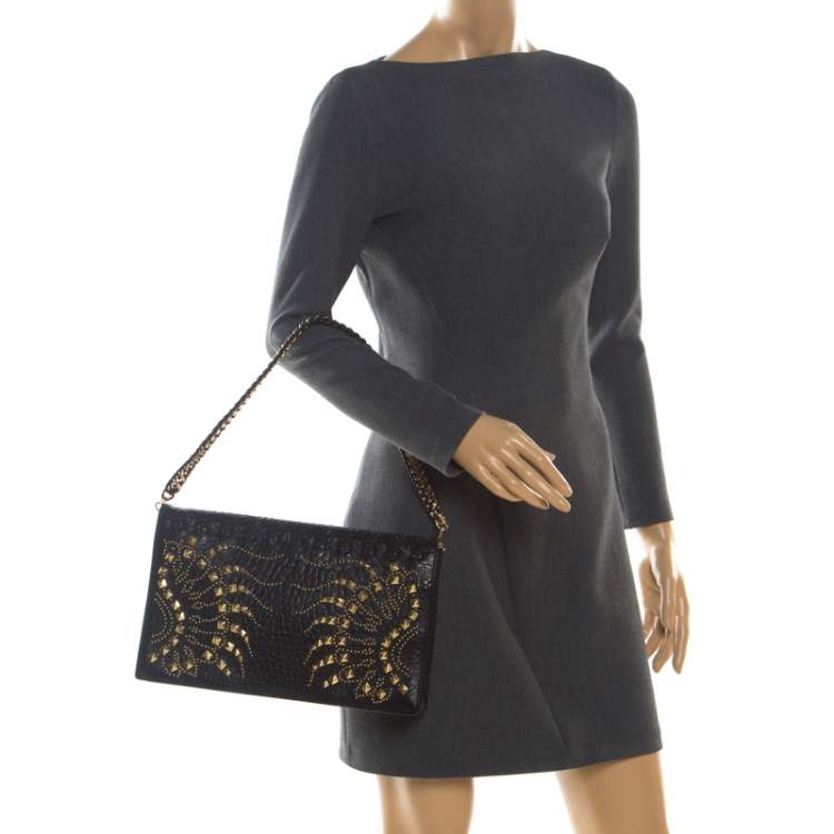 Pre Owned Roberto Cavalli Black Leather Studded Regina Chain Clutch Bag
