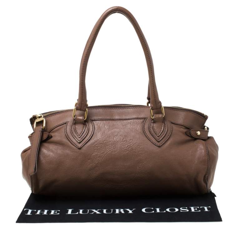 Pre Owned Roberto Cavalli Brown Logo Embossed Leather Satchel 