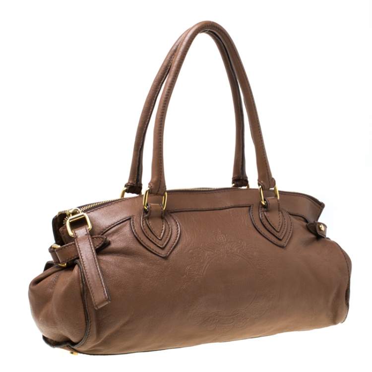 Pre Owned Roberto Cavalli Brown Logo Embossed Leather Satchel 