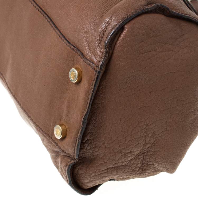 Pre Owned Roberto Cavalli Brown Logo Embossed Leather Satchel 