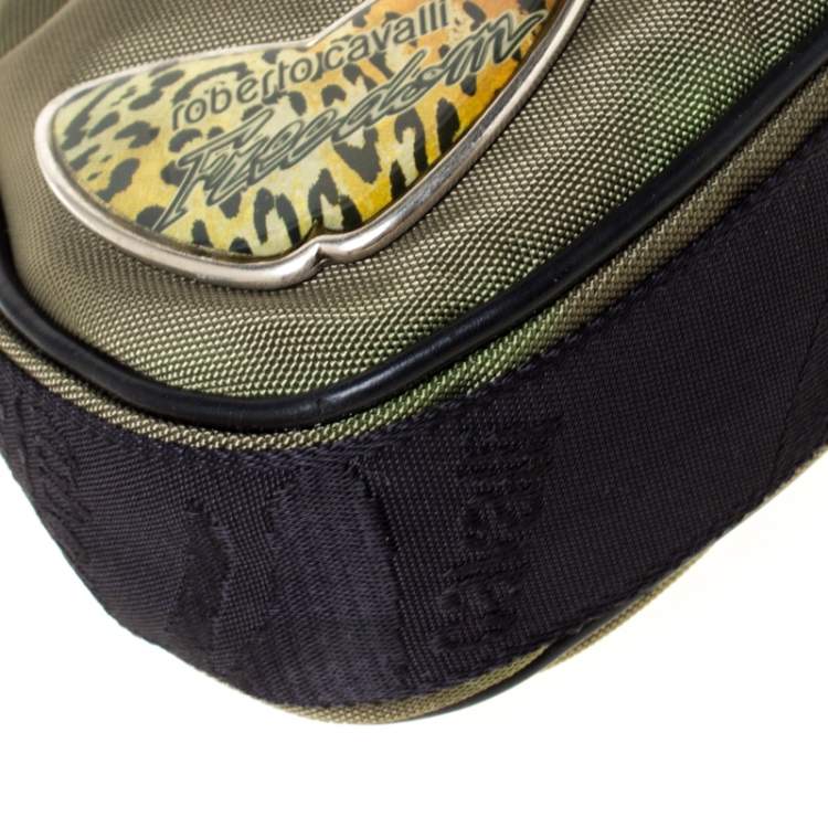 Pre Owned Roberto Cavalli Olive Green/Black Canvas and Leather Sling Bag