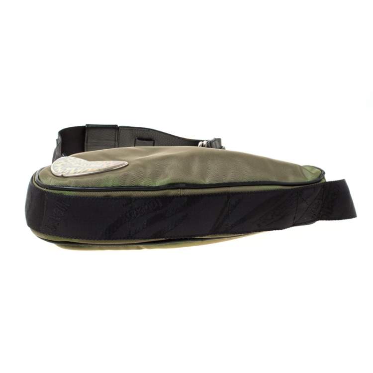 Pre Owned Roberto Cavalli Olive Green/Black Canvas and Leather Sling Bag