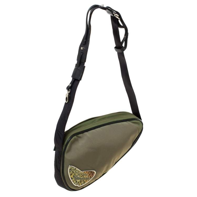 Pre Owned Roberto Cavalli Olive Green/Black Canvas and Leather Sling Bag