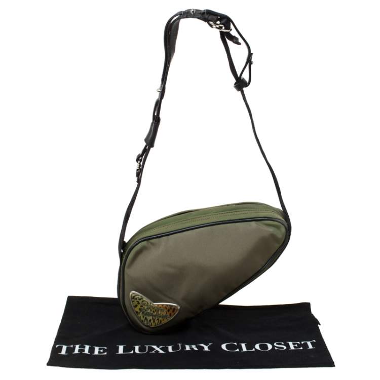 Pre Owned Roberto Cavalli Olive Green/Black Canvas and Leather Sling Bag
