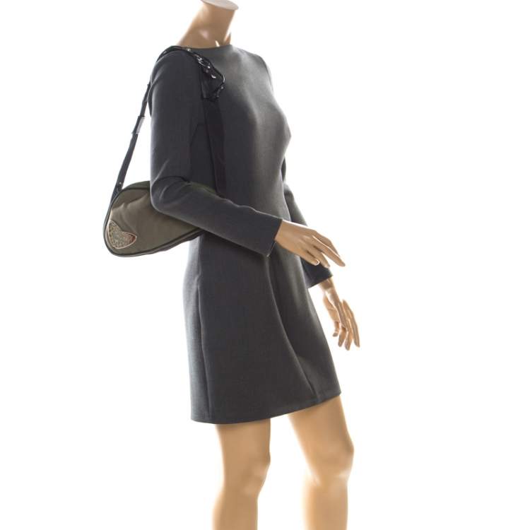 Pre Owned Roberto Cavalli Olive Green/Black Canvas and Leather Sling Bag