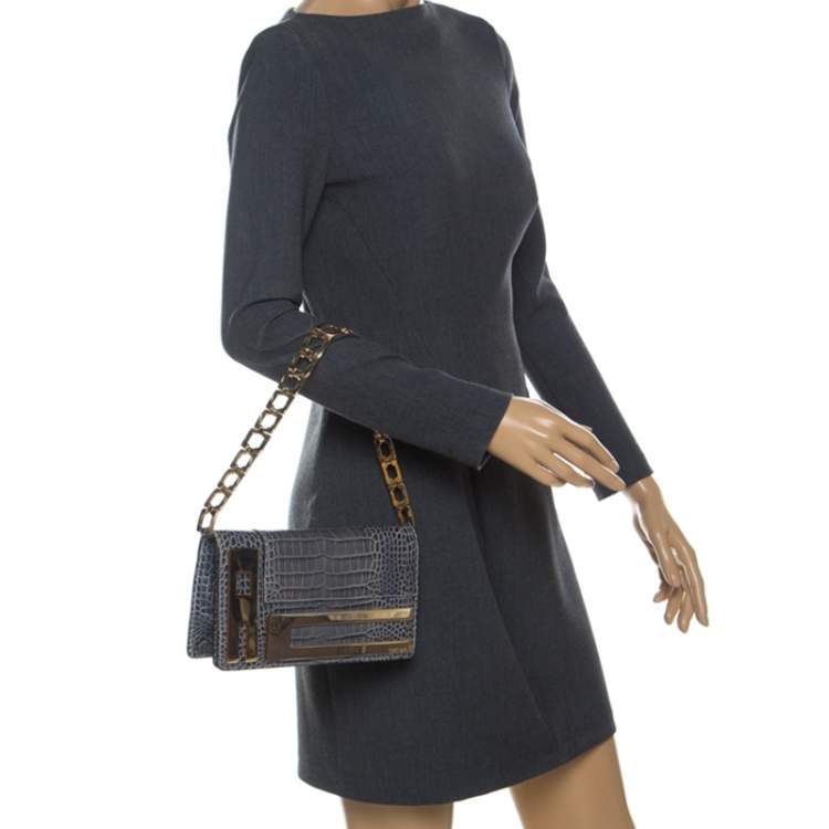 Pre Owned Roberto Cavalli Ash Blue Crocodile Embossed Leather Logo Chain Clutch