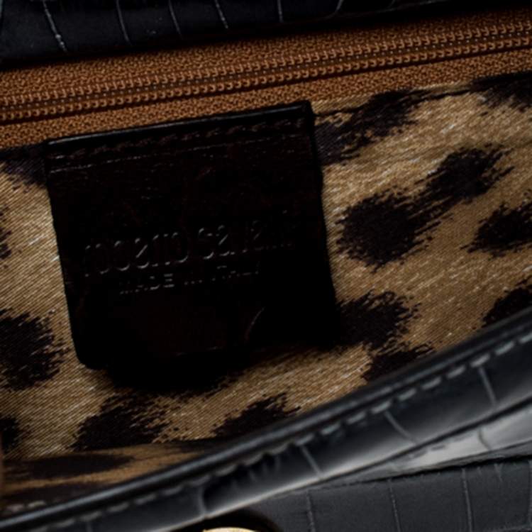 Pre Owned Roberto Cavalli Ash Blue Crocodile Embossed Leather Logo Chain Clutch