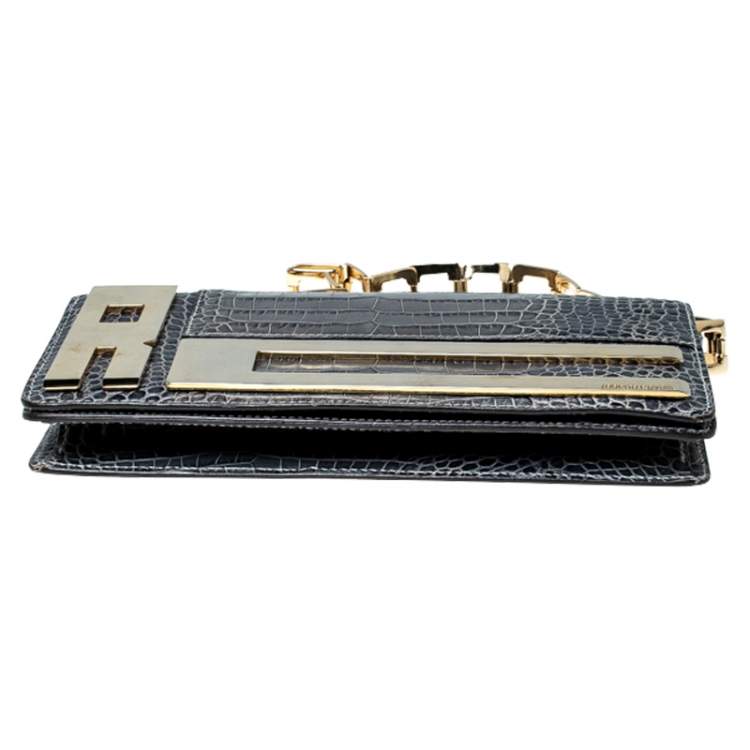 Pre Owned Roberto Cavalli Ash Blue Crocodile Embossed Leather Logo Chain Clutch