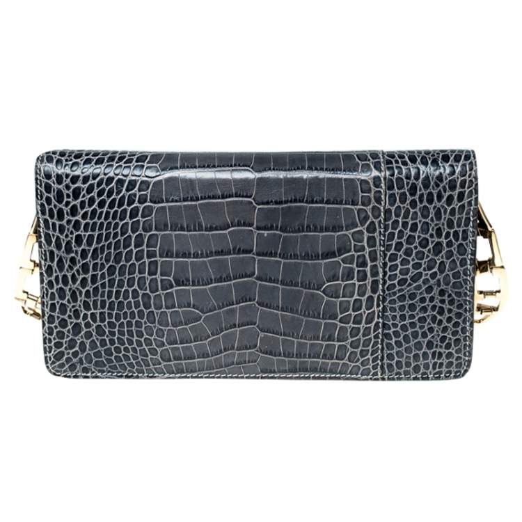 Pre Owned Roberto Cavalli Ash Blue Crocodile Embossed Leather Logo Chain Clutch