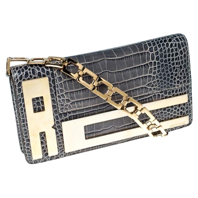 Pre Owned Roberto Cavalli Ash Blue Crocodile Embossed Leather Logo Chain Clutch