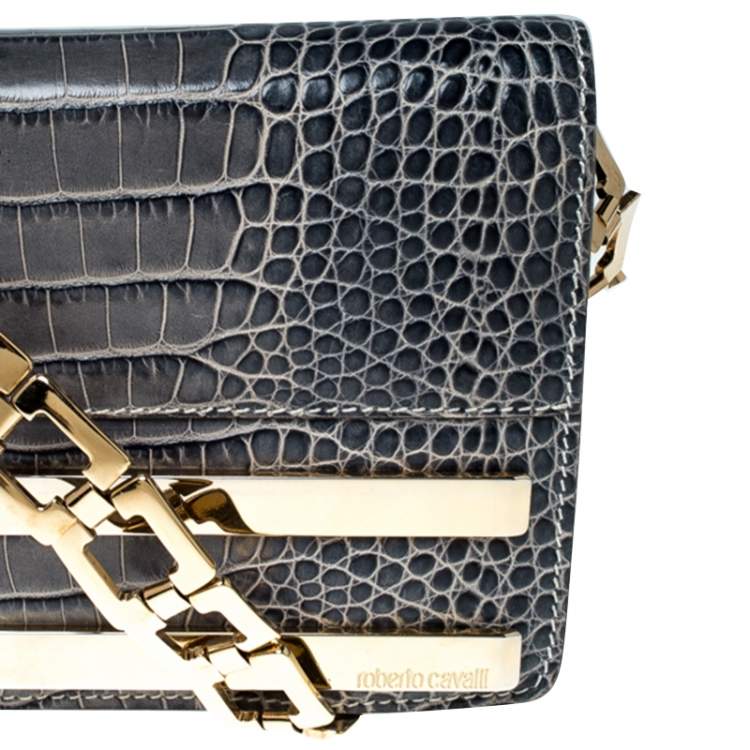 Pre Owned Roberto Cavalli Ash Blue Crocodile Embossed Leather Logo Chain Clutch