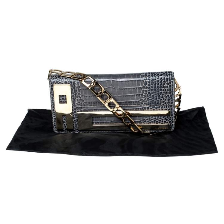 Pre Owned Roberto Cavalli Ash Blue Crocodile Embossed Leather Logo Chain Clutch