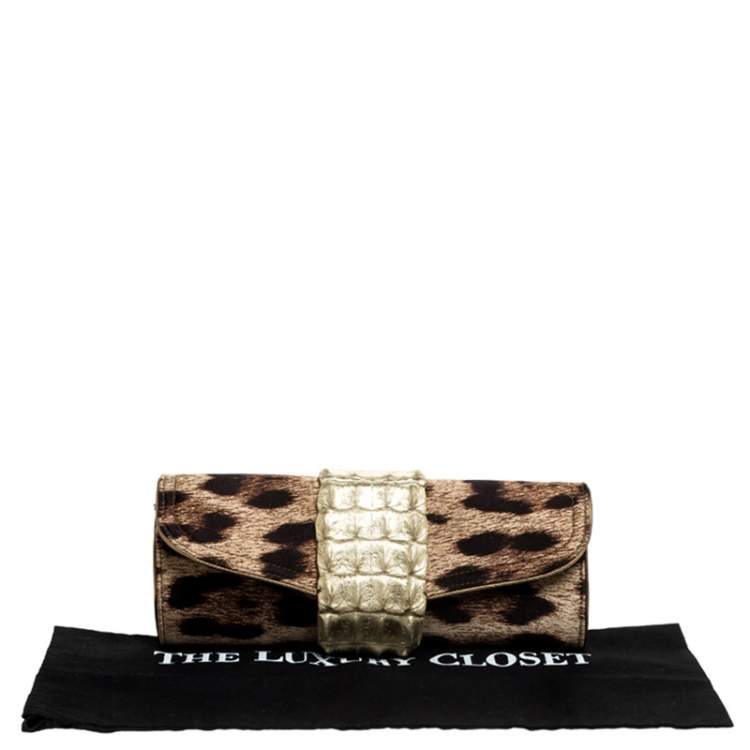 Pre Owned Roberto Cavalli Brown Leopard Print Satin and Leather Clutch