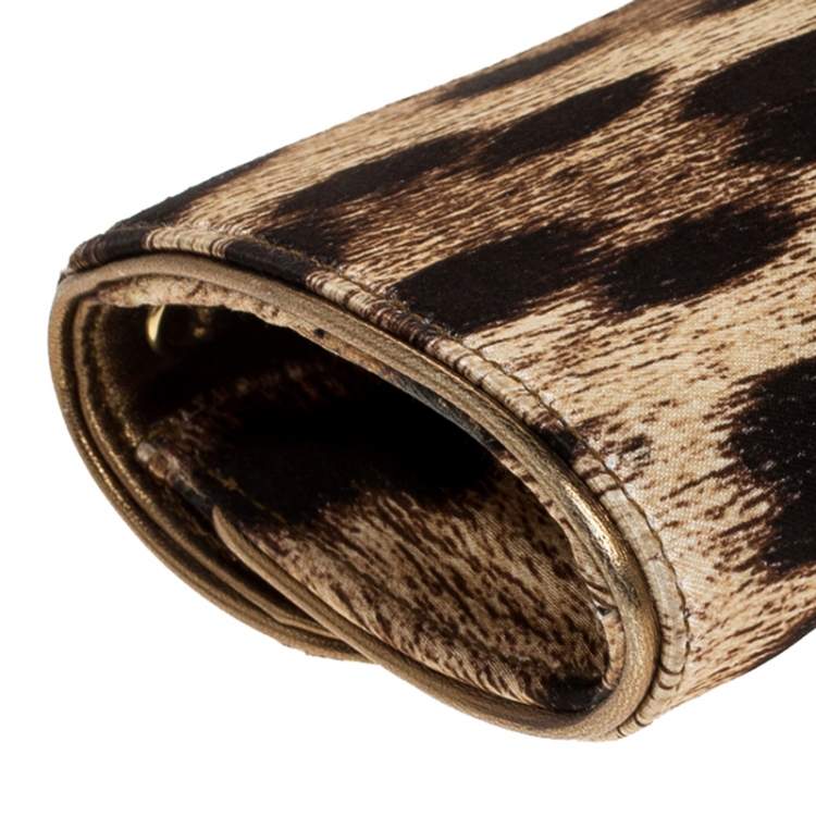 Pre Owned Roberto Cavalli Brown Leopard Print Satin and Leather Clutch