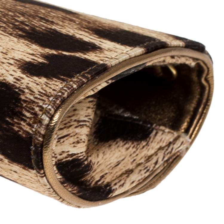 Pre Owned Roberto Cavalli Brown Leopard Print Satin and Leather Clutch