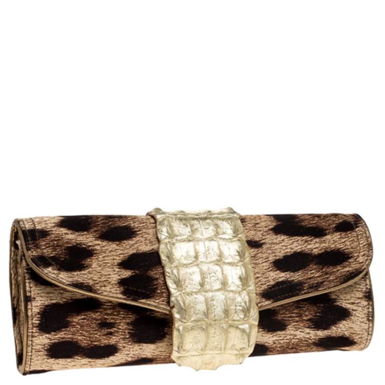 Pre Owned Roberto Cavalli Brown Leopard Print Satin and Leather Clutch