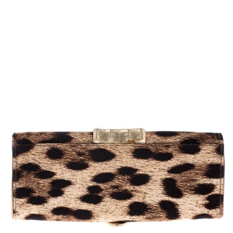 Pre Owned Roberto Cavalli Brown Leopard Print Satin and Leather Clutch
