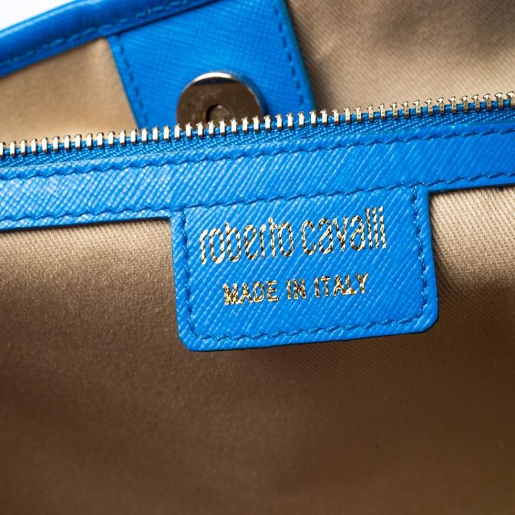 Pre Owned Roberto Cavalli Blue Floral Print Canvas and Leather Tote