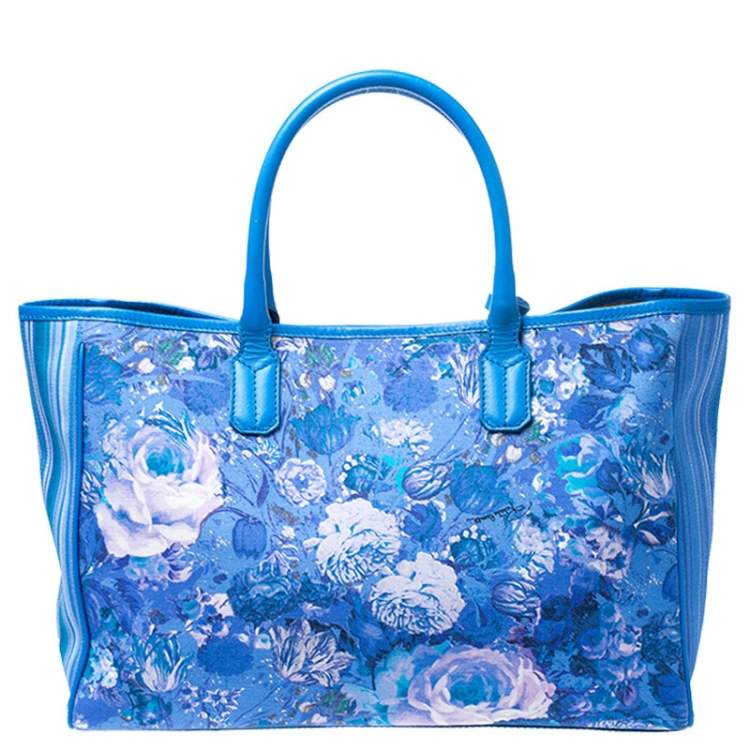 Pre Owned Roberto Cavalli Blue Floral Print Canvas and Leather Tote