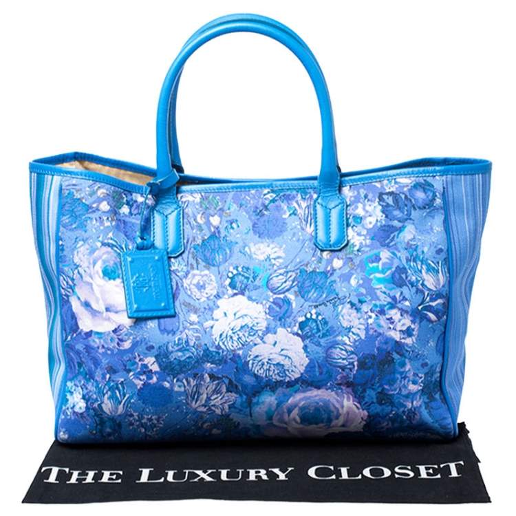 Pre Owned Roberto Cavalli Blue Floral Print Canvas and Leather Tote