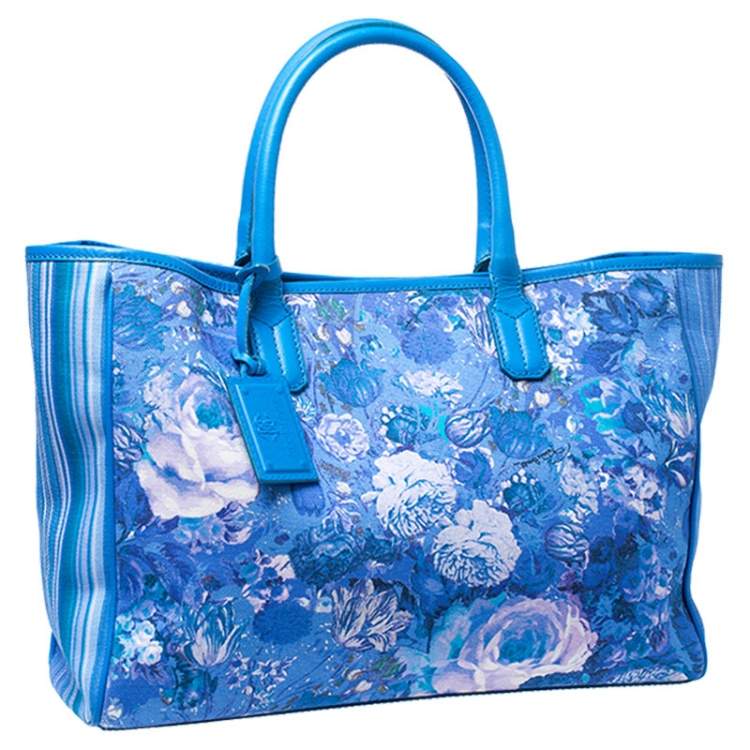 Pre Owned Roberto Cavalli Blue Floral Print Canvas and Leather Tote