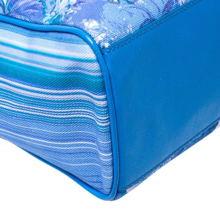 Pre Owned Roberto Cavalli Blue Floral Print Canvas and Leather Tote