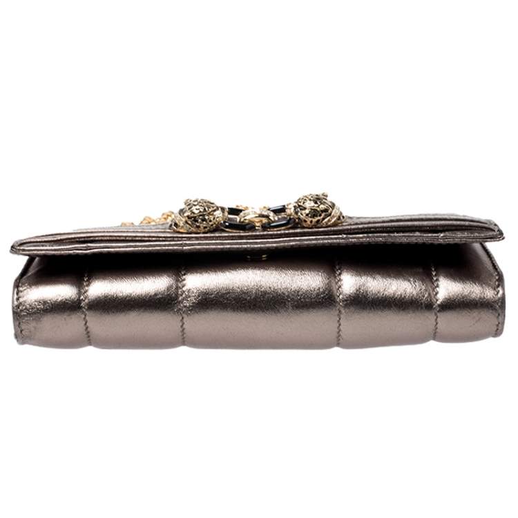 Pre Owned Roberto Cavalli Metallic Lion Head Embellished Leather Flap Chain Clutch