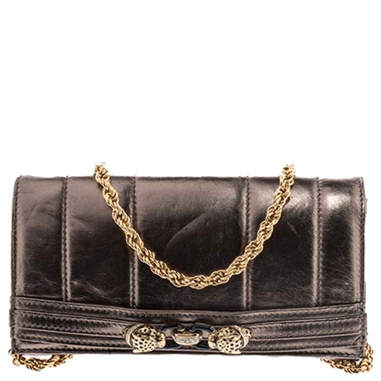 Roberto Cavalli Metallic Gold Crocodile Embossed Leather Bag