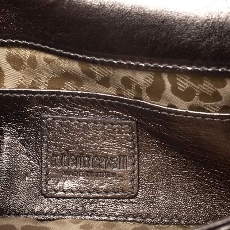 Pre Owned Roberto Cavalli Metallic Lion Head Embellished Leather Flap Chain Clutch