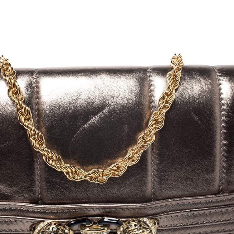Pre Owned Roberto Cavalli Metallic Lion Head Embellished Leather Flap Chain Clutch
