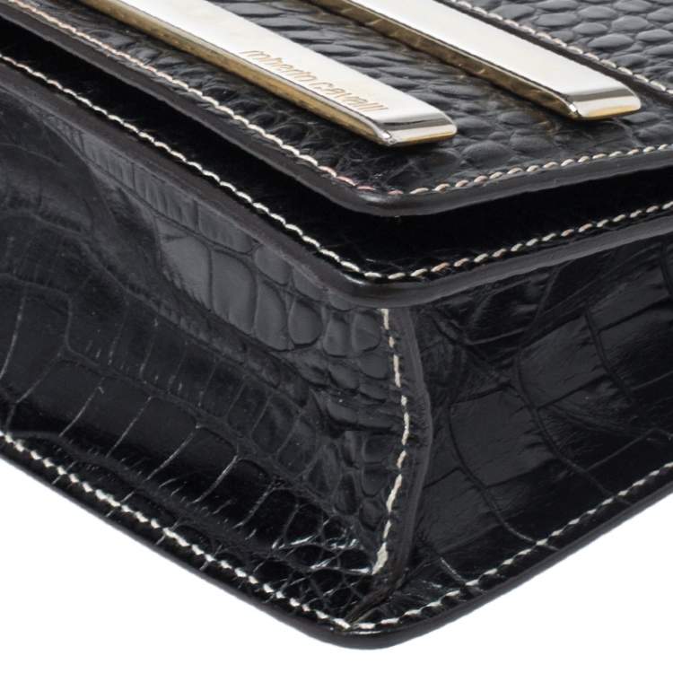 Pre Owned Roberto Cavalli Black Crocodile Embossed Leather Logo Chain Clutch