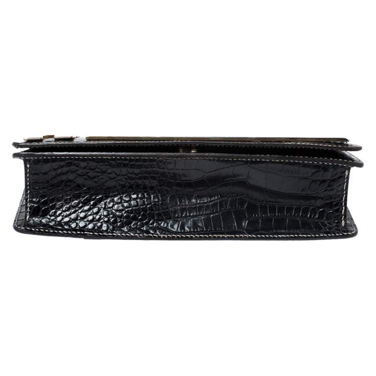 Pre Owned Roberto Cavalli Black Crocodile Embossed Leather Logo Chain Clutch