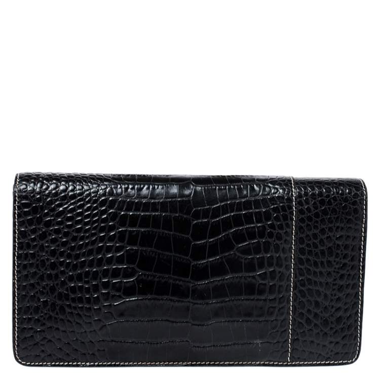 Pre Owned Roberto Cavalli Black Crocodile Embossed Leather Logo Chain Clutch