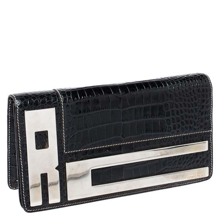 Pre Owned Roberto Cavalli Black Crocodile Embossed Leather Logo Chain Clutch