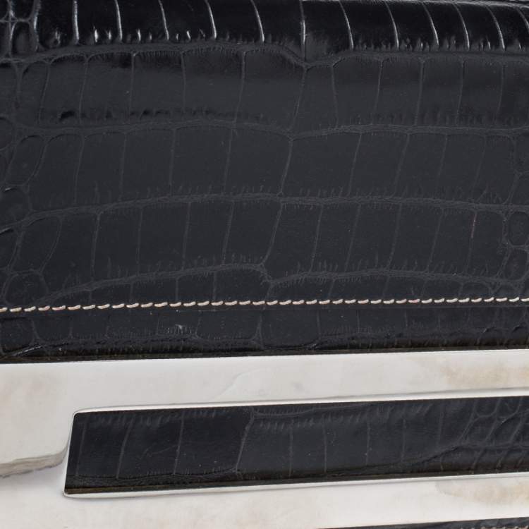 Pre Owned Roberto Cavalli Black Crocodile Embossed Leather Logo Chain Clutch