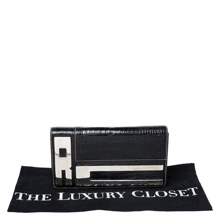 Pre Owned Roberto Cavalli Black Crocodile Embossed Leather Logo Chain Clutch