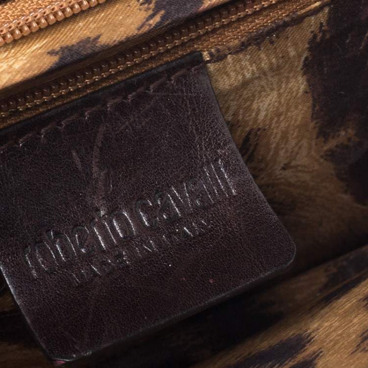 Pre Owned Roberto Cavalli Black Crocodile Embossed Leather Logo Chain Clutch