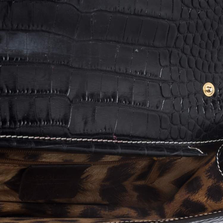 Pre Owned Roberto Cavalli Black Crocodile Embossed Leather Logo Chain Clutch