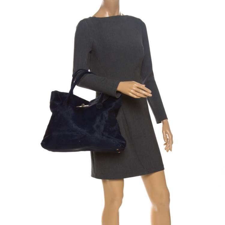 Pre Owned Roberto Cavalli Navy Blue Ponyhair Satchel