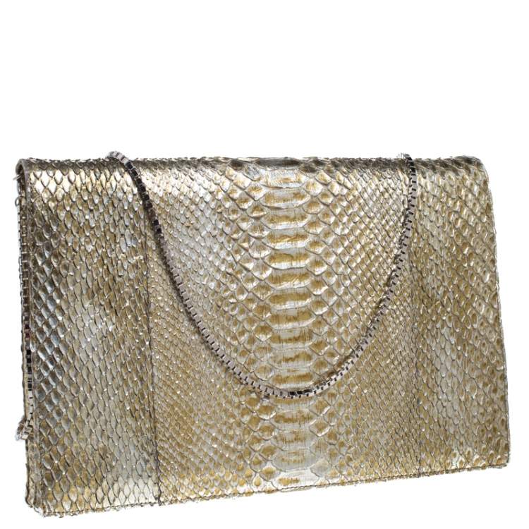 Pre Owned Roberto Cavalli Metallic Gold Python Chain Clutch