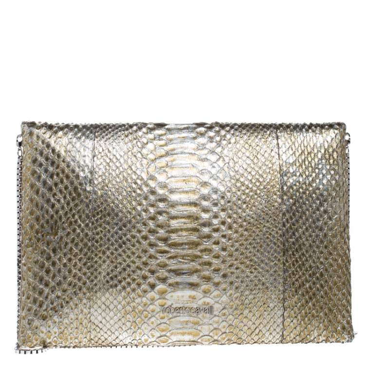 Pre Owned Roberto Cavalli Metallic Gold Python Chain Clutch