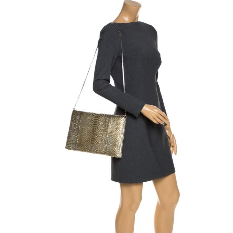 Pre Owned Roberto Cavalli Metallic Gold Python Chain Clutch