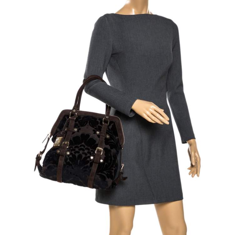 Pre Owned Roberto Cavalli Brown/Black Velvet and Suede Buckle Satchel