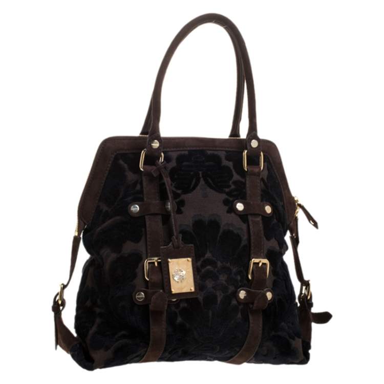 Pre Owned Roberto Cavalli Brown/Black Velvet and Suede Buckle Satchel
